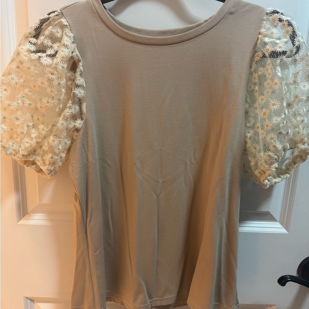 Elegant Tan Top with Floral Sleeves